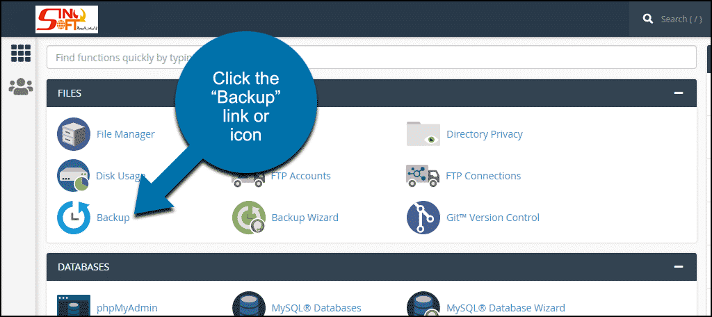 In the cPanel, Under the Files section, Choose Backup