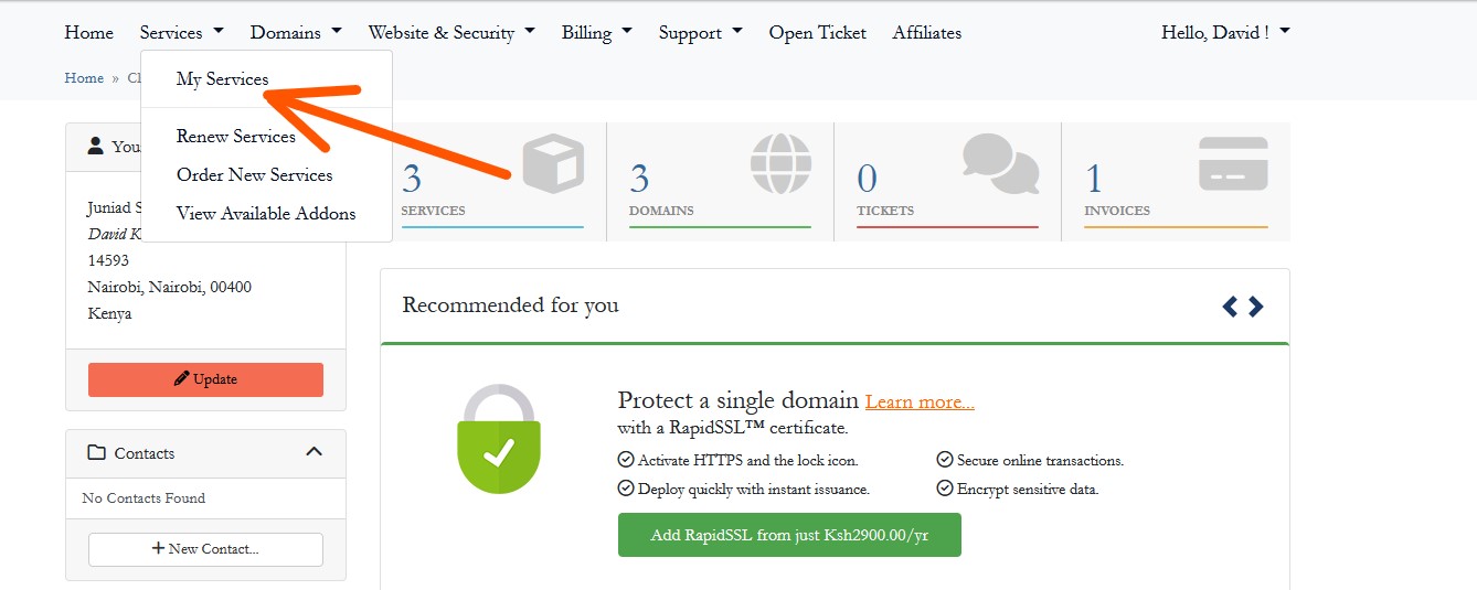 Client area login and services page