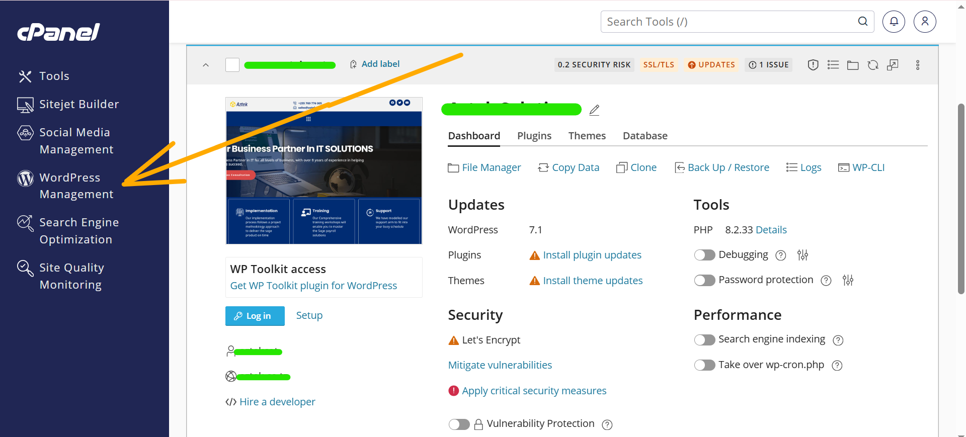 WordPress Manager showing the Admin Panel or dashboard login option