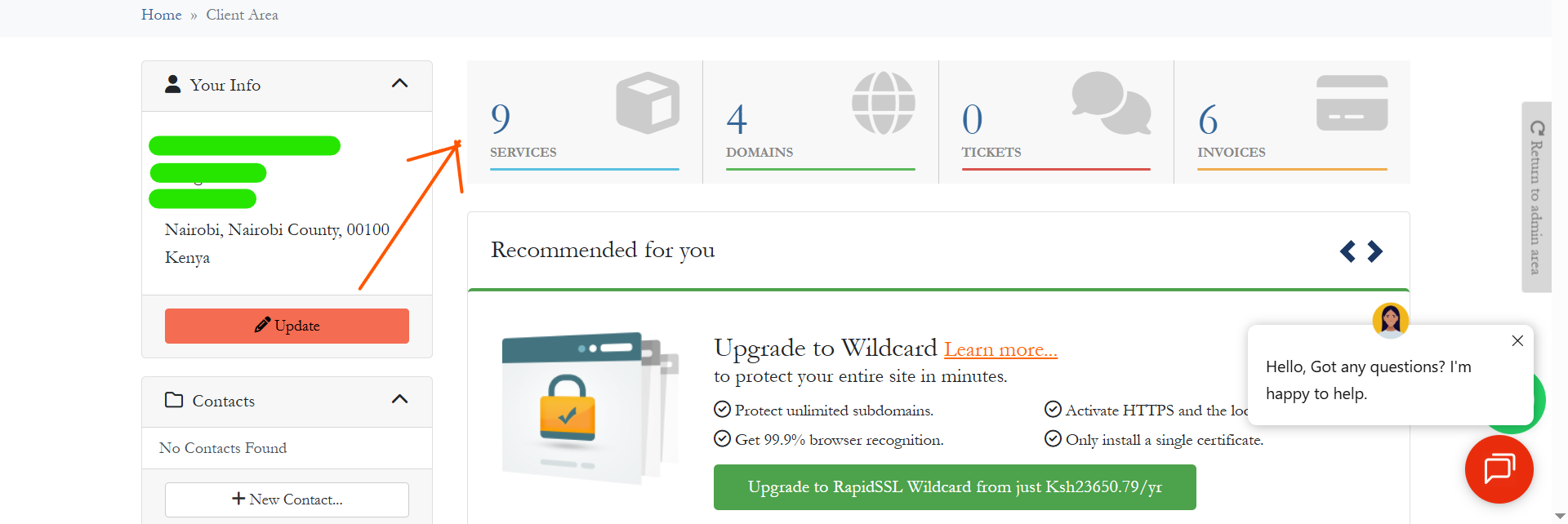 Web hosting control panel showing website management options