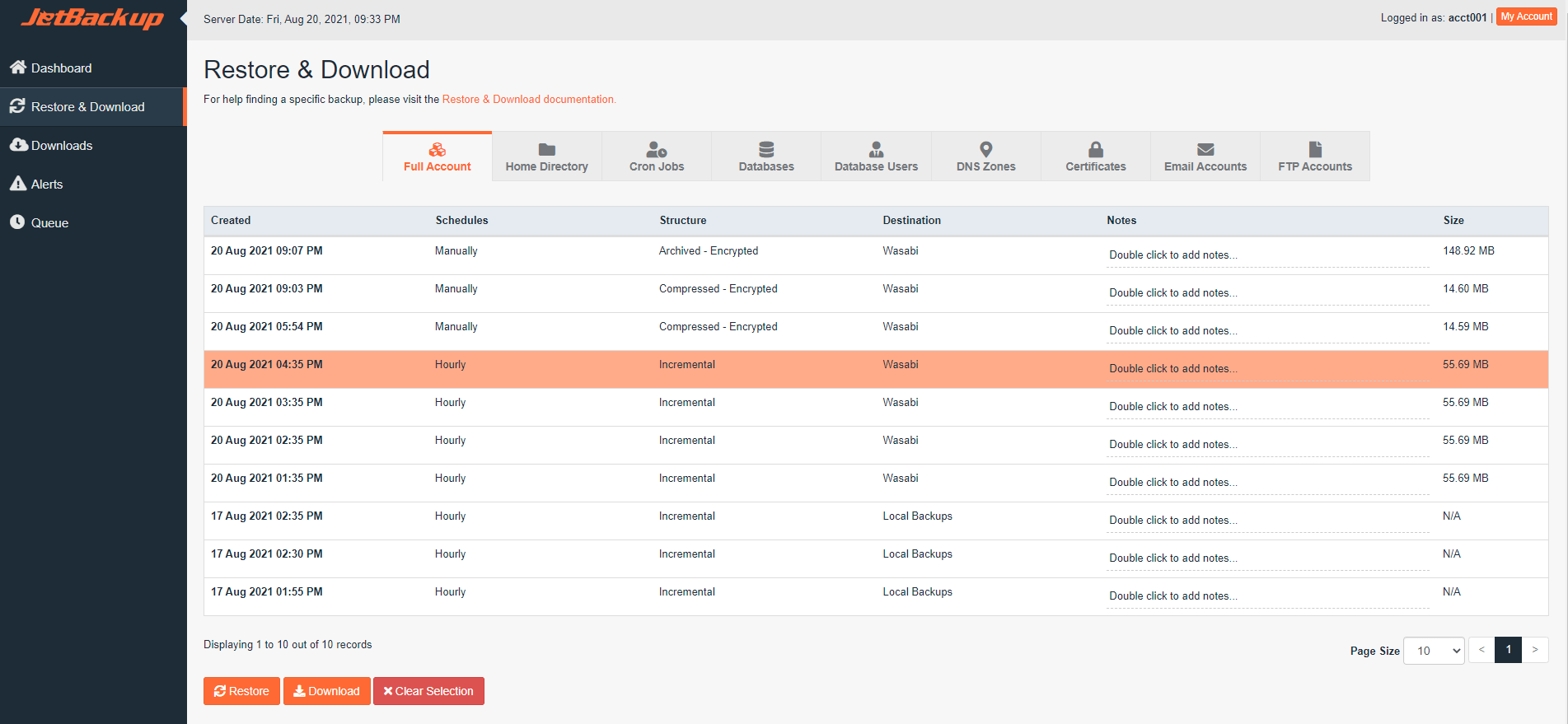 Restore and Download Using Jet Backup