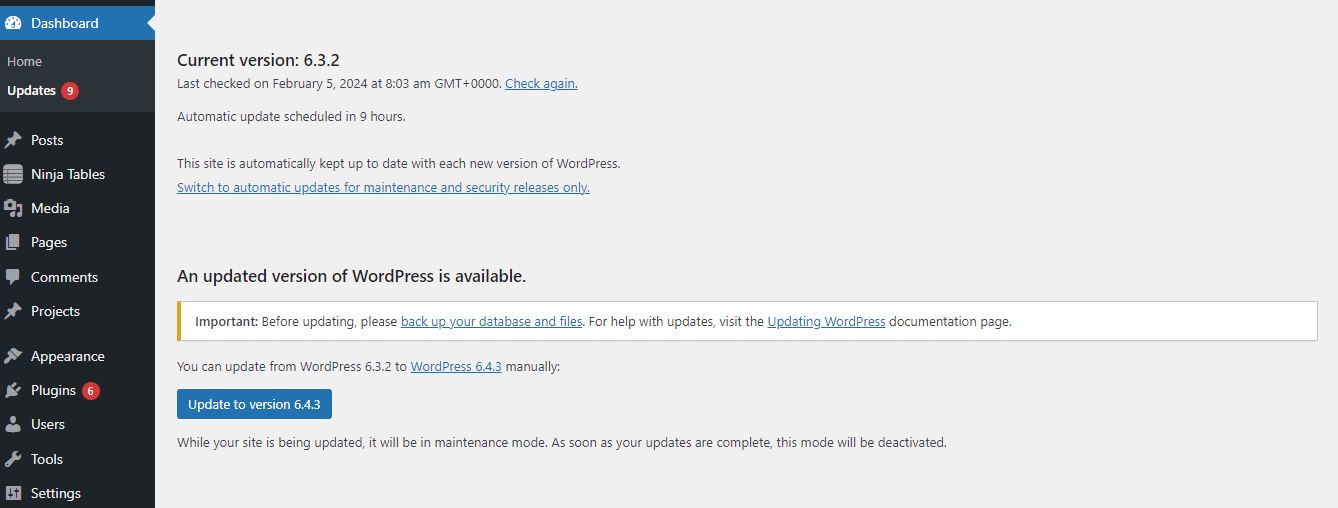 WordPress Dashboard Notification