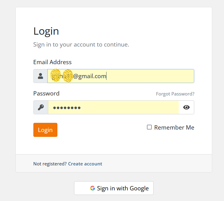 login in to client area with Google