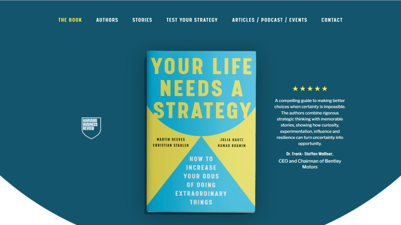 Your Life Needs a Strategy official book website by Sino Soft — homepage showing the book cover, pre-order links, strategy assessment and protagonist stories on a responsive layout